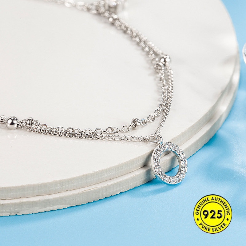 Gelang Kaki Rantai Dengan Liontin Lingkaran Ganda Aksen Berlian Zircon Untuk Wanita U1147