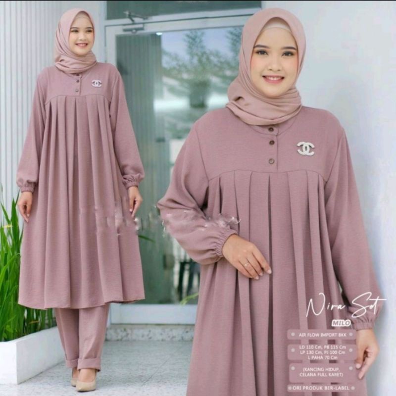 [Bisa COD] One Set Setelan Wanita Crinkle Airflow Tunik Ld 110cm Panjang 110cm Kancing Busui Friendl