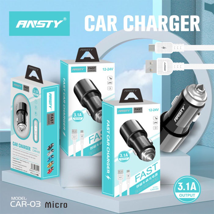 ANSTY CAR 03 SAVER CHARGER MOBIL SET 2 USB 2 IN 1 KABEL FAST CHARGING