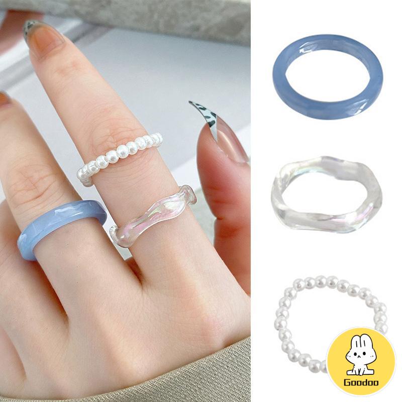 3Pcs/Set Cincin Resin Sederhana Cincin Mutiara Wanita Set Cincin Akrilik Premium-Doo