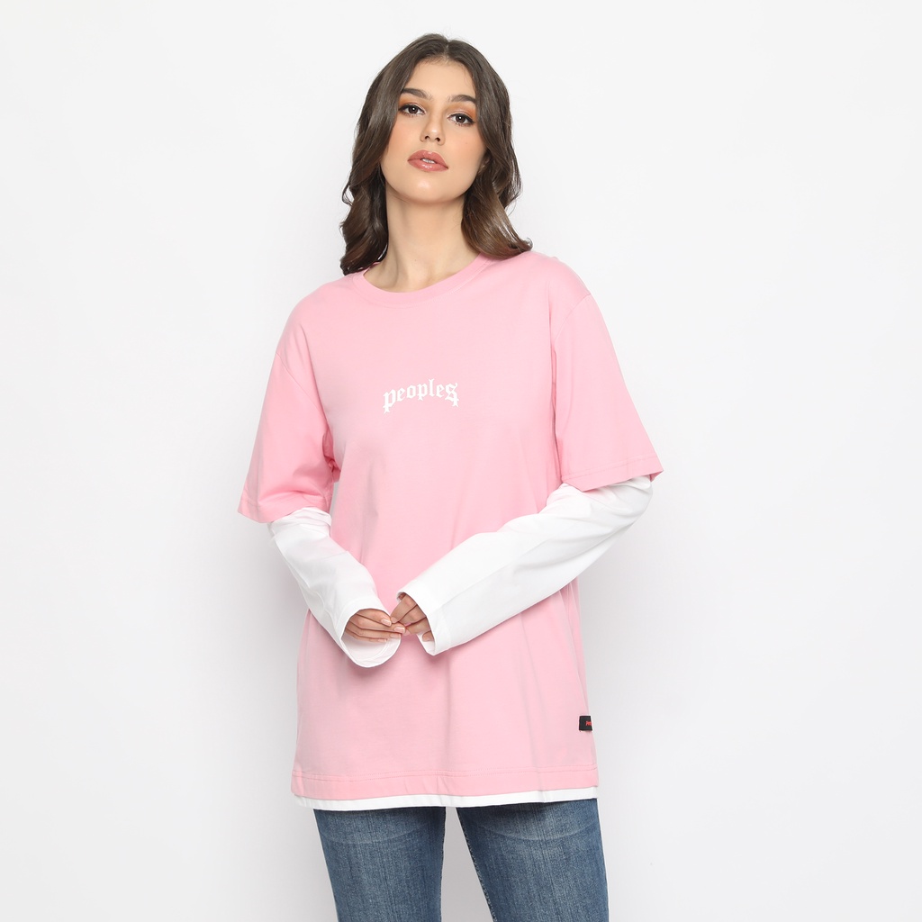 Peoples kaos pria unisex double layer logo peoples - pink putih