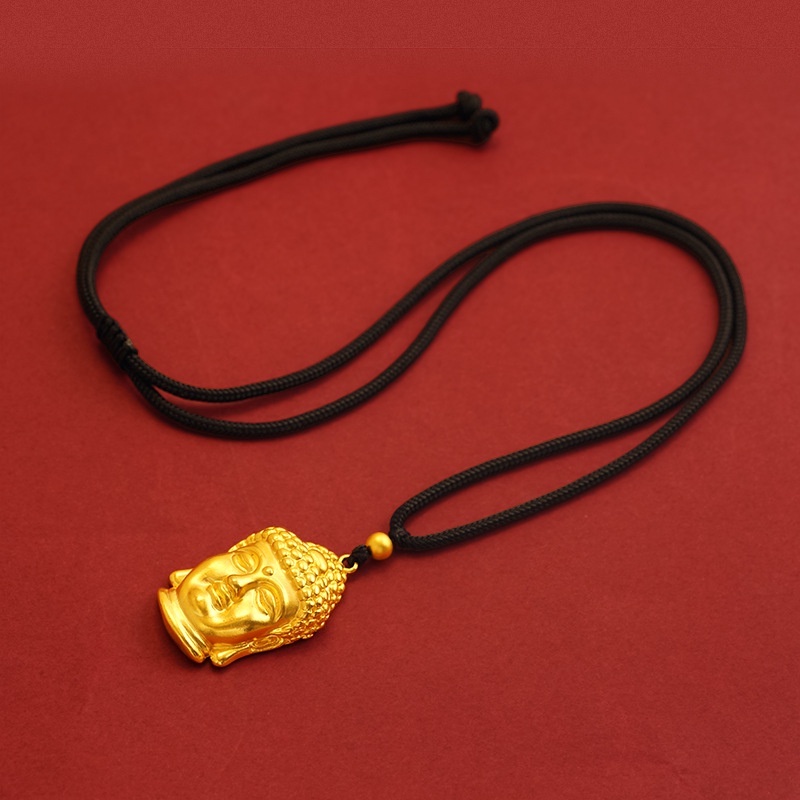 Goldkingdom Fashion Perhiasan Emas Asli Kadar 375 Bangkok Aksesoris Ready Stock Beruntung Buddha Kepala Liontin Adjustable Tali Lembut Retro Kalung