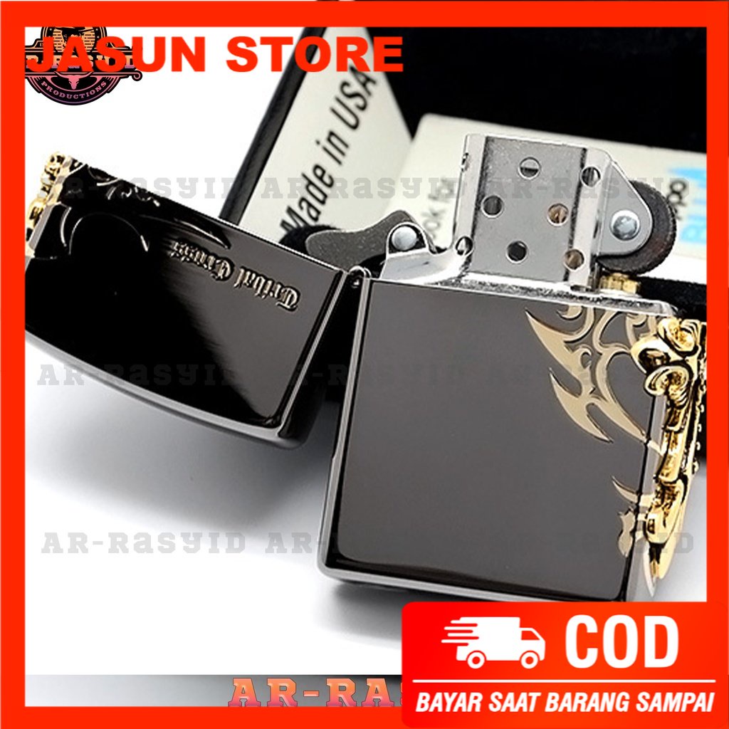 Bisa COD! Korek Api Minyak Zippo Hitam Black Ice Motif Ancient Cross ZBT-1-33A