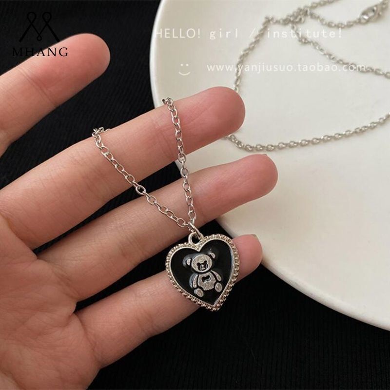 Kalung Panjang Desain Hati Beruang Warna Silver Gaya Korea Wanita