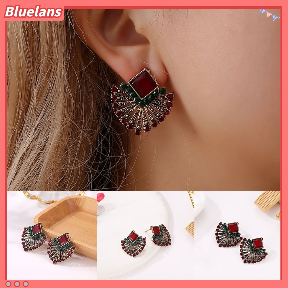Anting Stud Bentuk Kipas Aksen Berlian Imitasi Gaya Vintage Etnik Bohemian Untuk Wanita