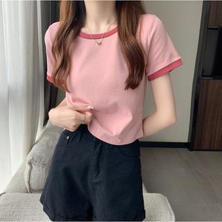 TJM BJ284 Baju Wanita Atasan Round Neck Short Sleeve Contrast Colour T-Shirt Kaos Wanita Lengan Pendek