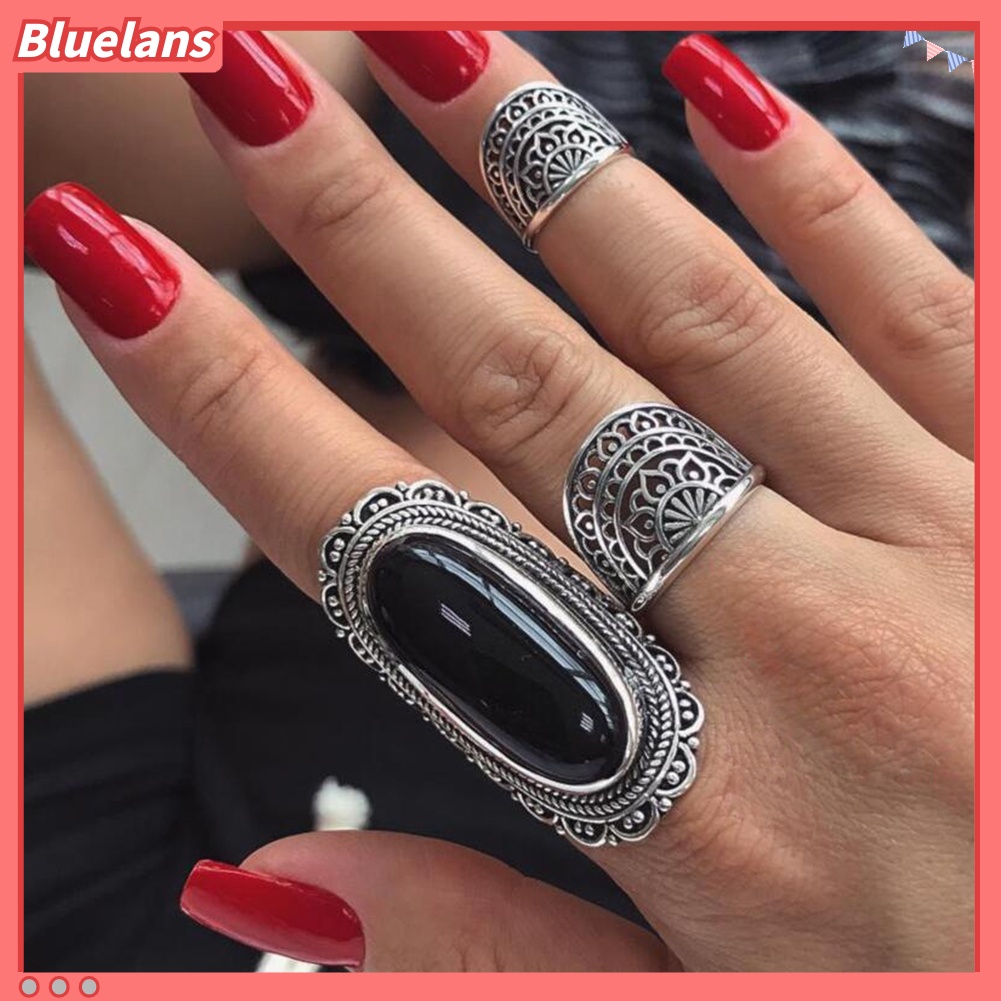 Bluelans 3Pcs Vintage Hollow Out Women Finger Ring Set Gift Rhinestone Party Jewelry