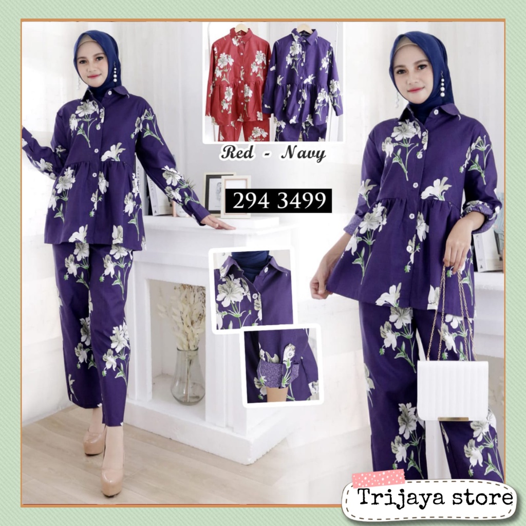 Trijaya . one set / stelan kemeja ayra motif bunga kancing  Ld 104 cm katun eropa