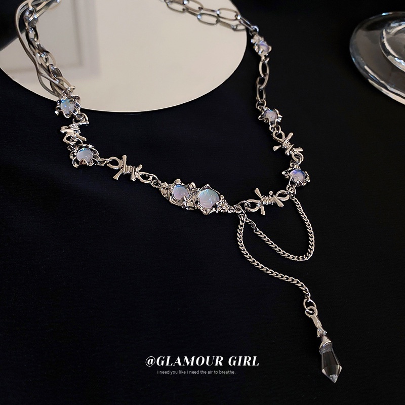 Y2k Kalung Choker Silver Dengan Liontin Batu Opal Mewah Untuk Wanita