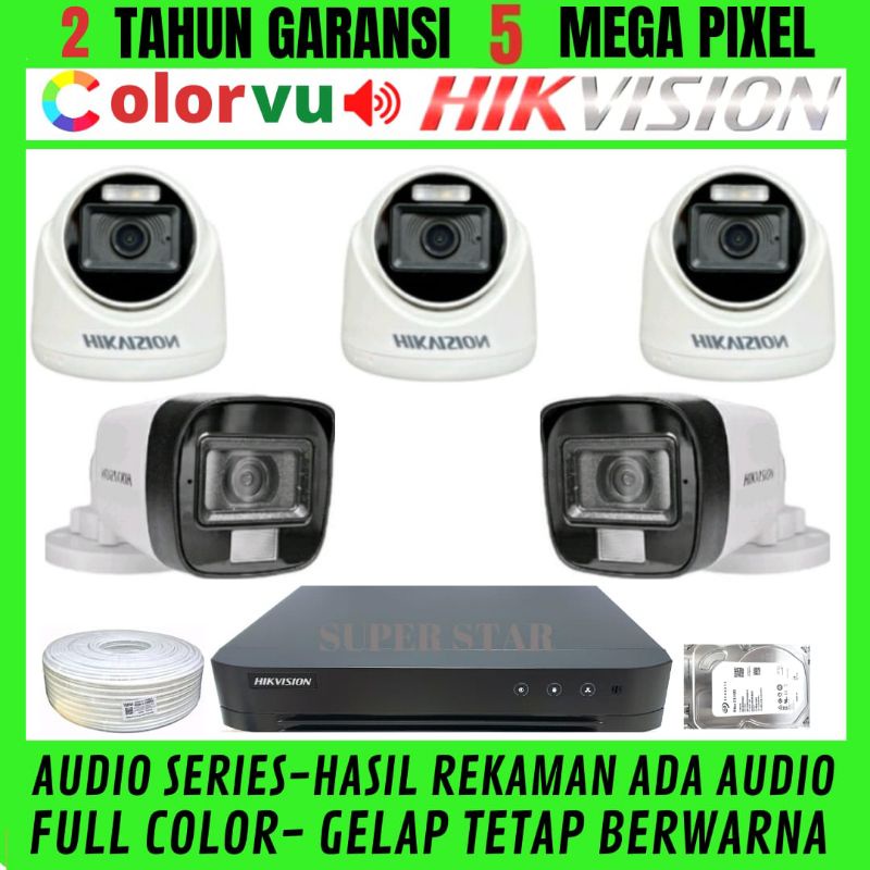 PAKET CCTV HIKVISION COLORVU 8 CHANNEL 5 KAMERA 5MP AUDIO  FULL COLOR SIANG MALAM BERWARNA