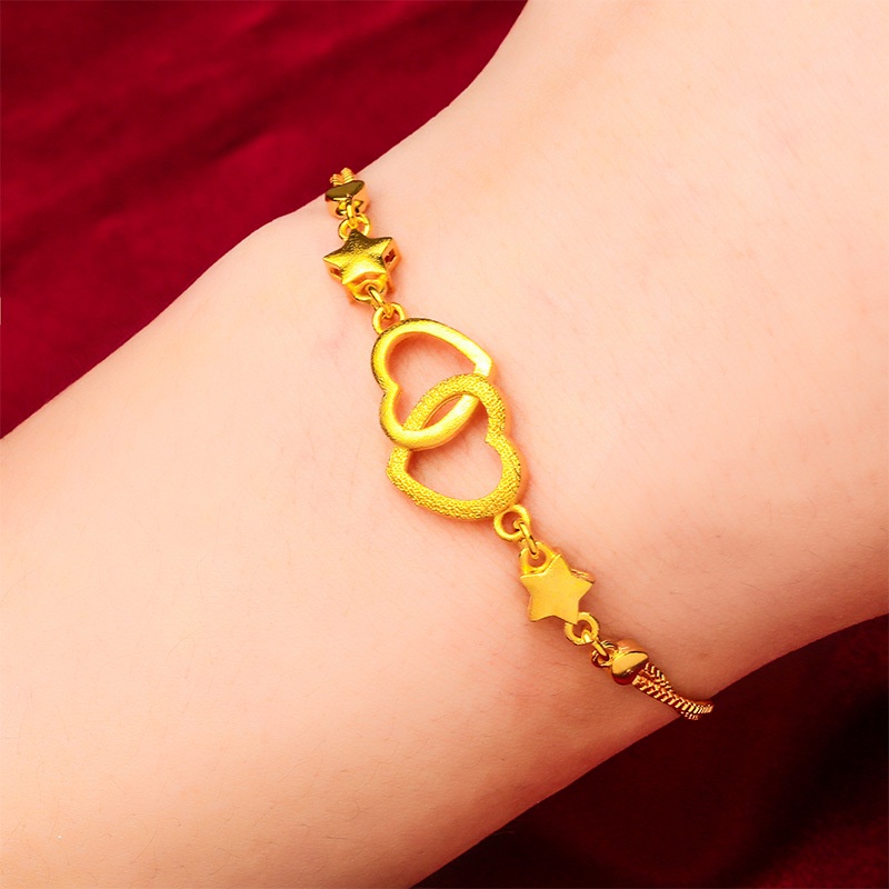 Goldkingdom Perhiasan Fashion Aksesoris Bangkok Emas Asli Kadar 375 Ready Stock Gelang Bintang Lima Wanita Cinta Ganda Baru Lucu Dan Serbaguna