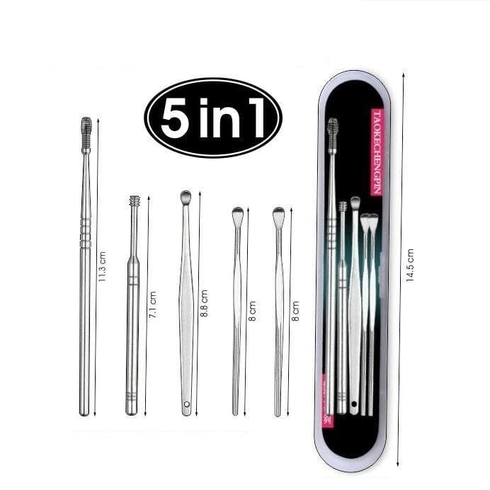 korek kuping stainless stell set 5 in 1/Alat Pembersih Telinga Set 5 In 1 Korek Kuping Stainless Steel Earpick