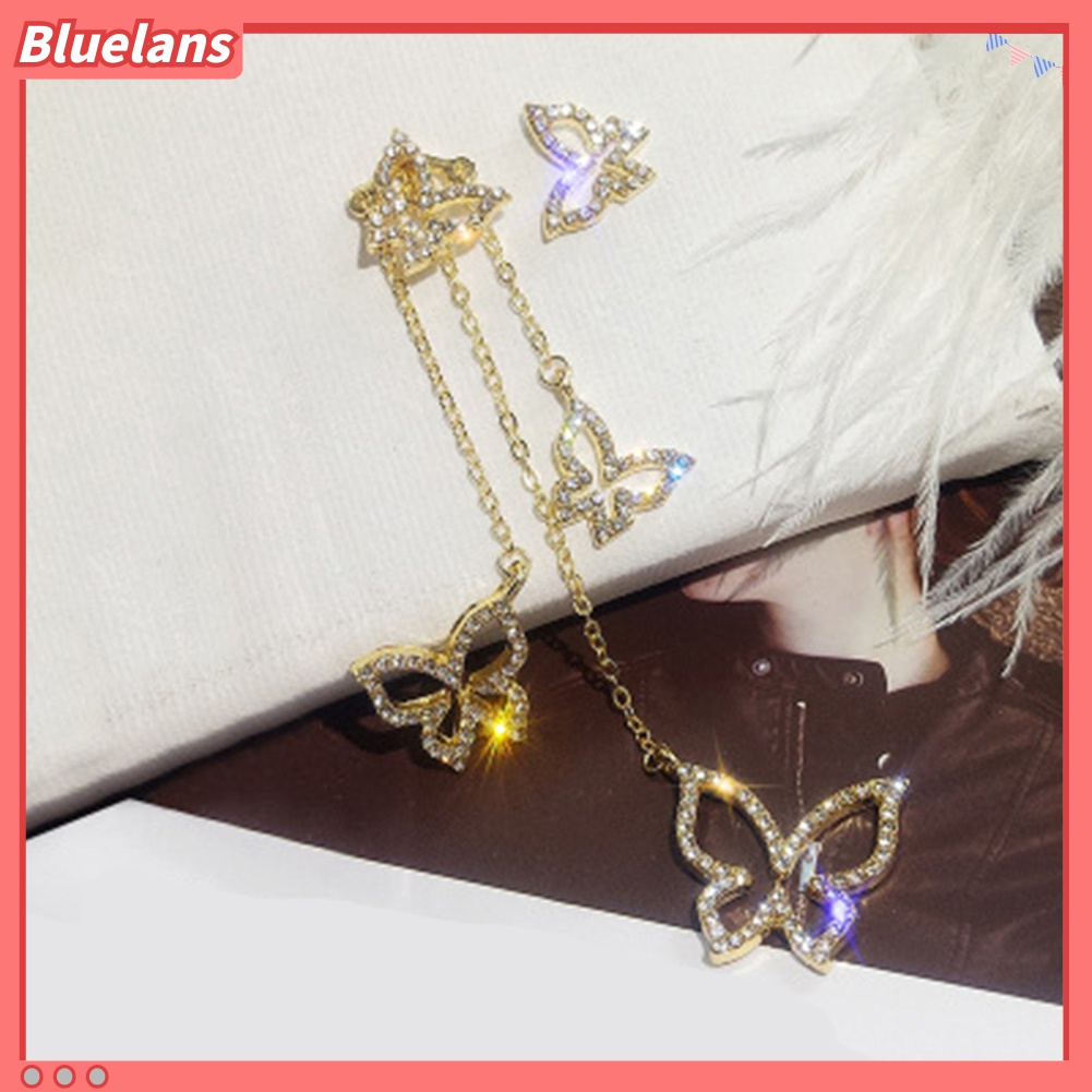 Anting Rantai Panjang Bentuk Kupu-Kupu Dan Hati Aksen Berlian Imitasi Untuk Wanita