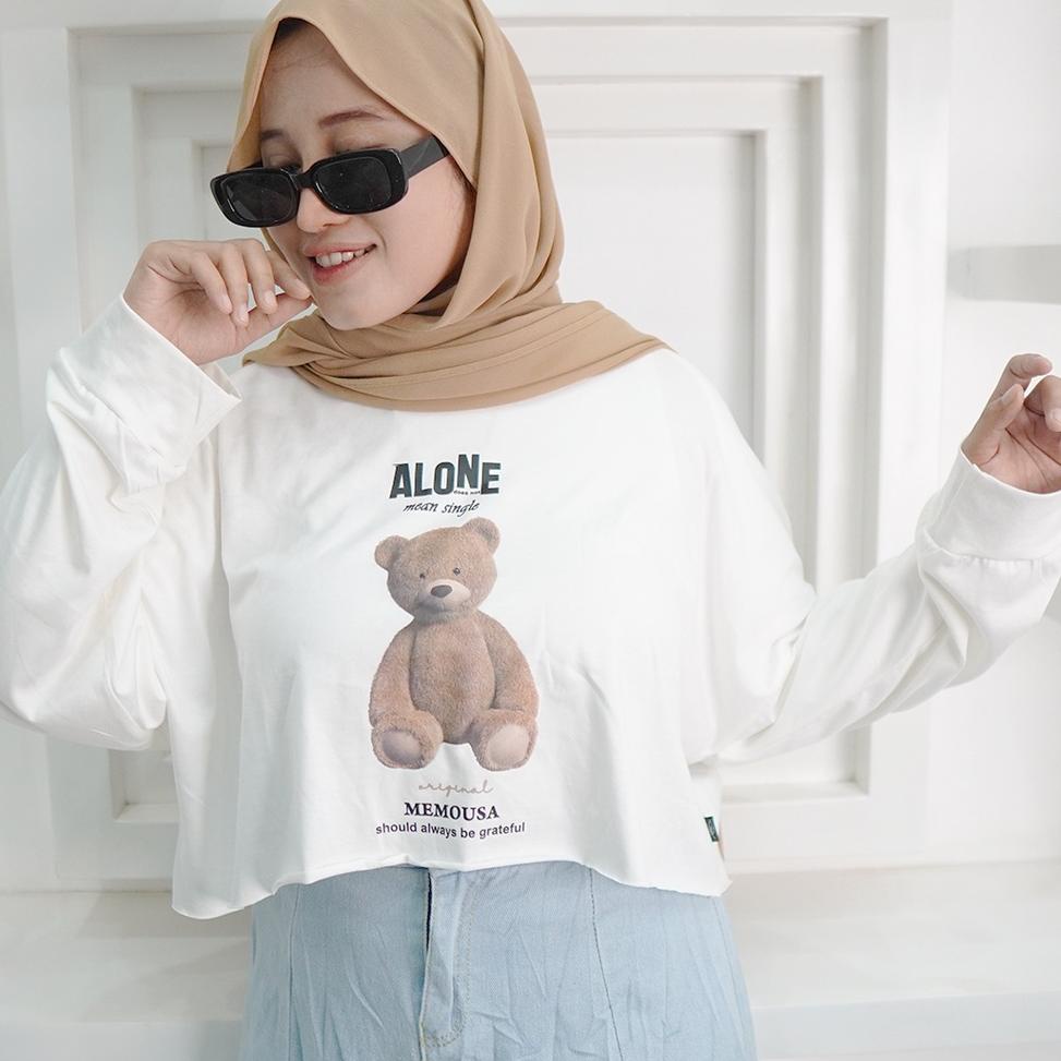 SMP.18Oc22н ‣ memousa Crop Top white teddy bear alone series  Long Sleeve Atasan Crop Wanita