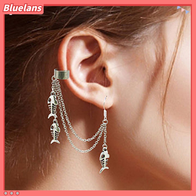 1 Buah Anting Stud: Model Cuff Rantai Berumbai Warna Perak Metalik Model Daun/Ikan/Salib