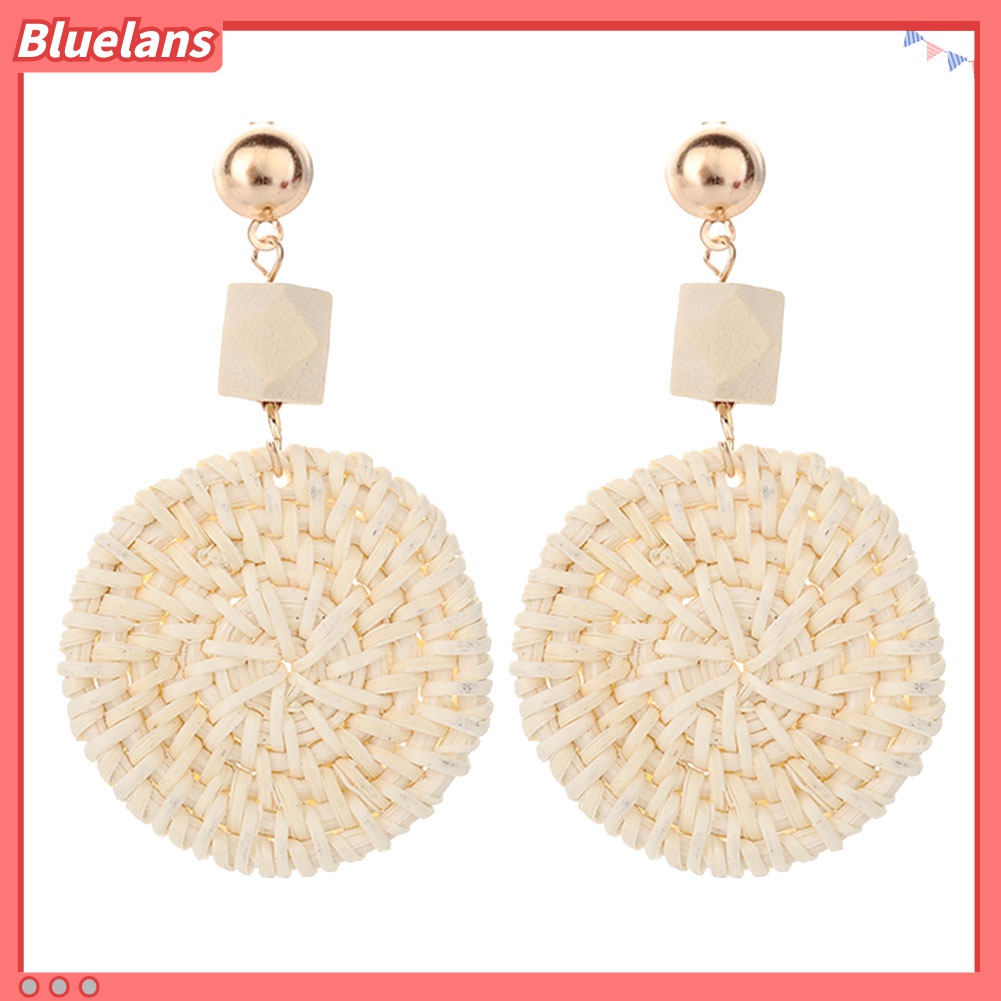 Anting Stud Bentuk Bulat Bahan Rotan Gaya Bohemian Untuk Wanita