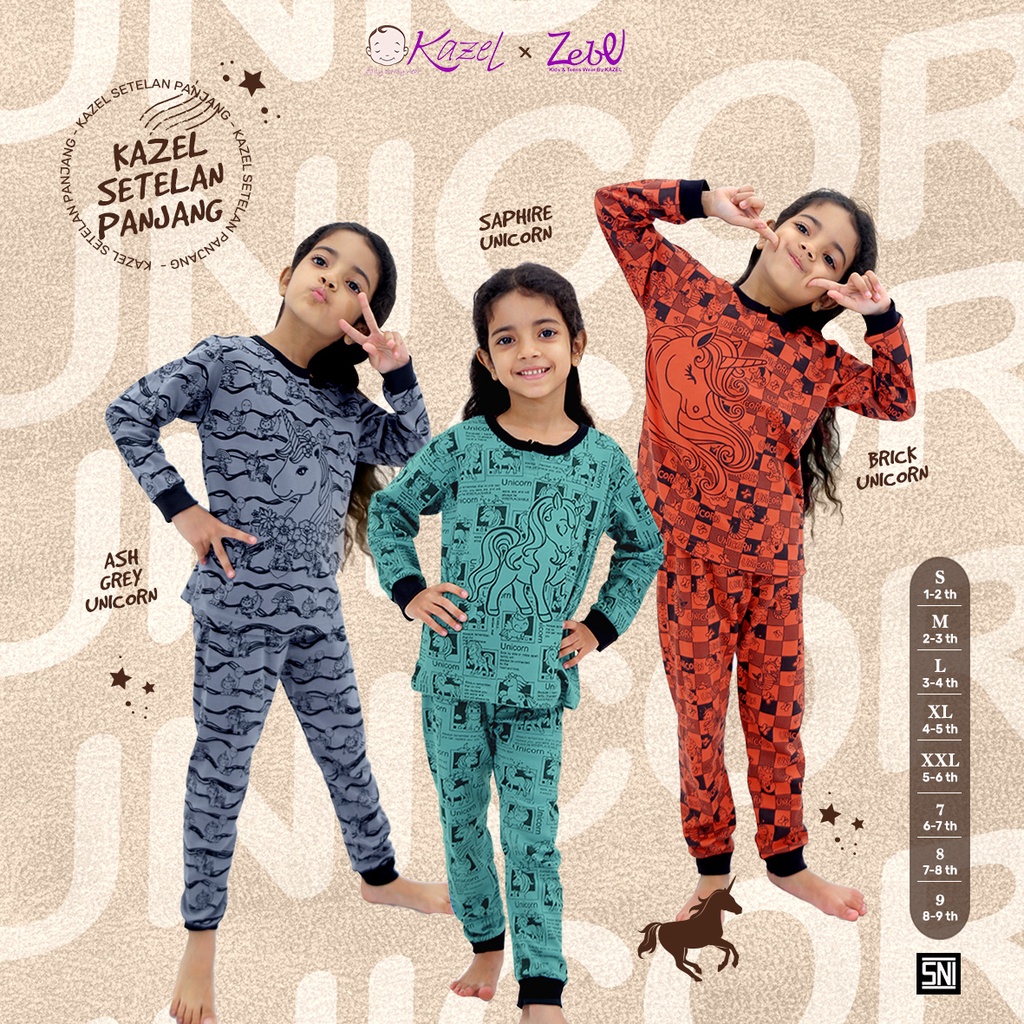 KAZEL X ZEBE SETELAN PANJANG MONOCHROME DINO &amp; UNICORN MONOCHROME EDITION BAJU PANJANG CELANA PANJANG ANAK 1 STEL 1 - 9 TAHUN