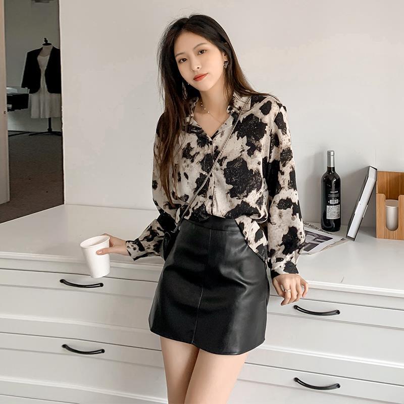 yikoo-Kemeja korea oversize blouse wanita fashion print atasan big size