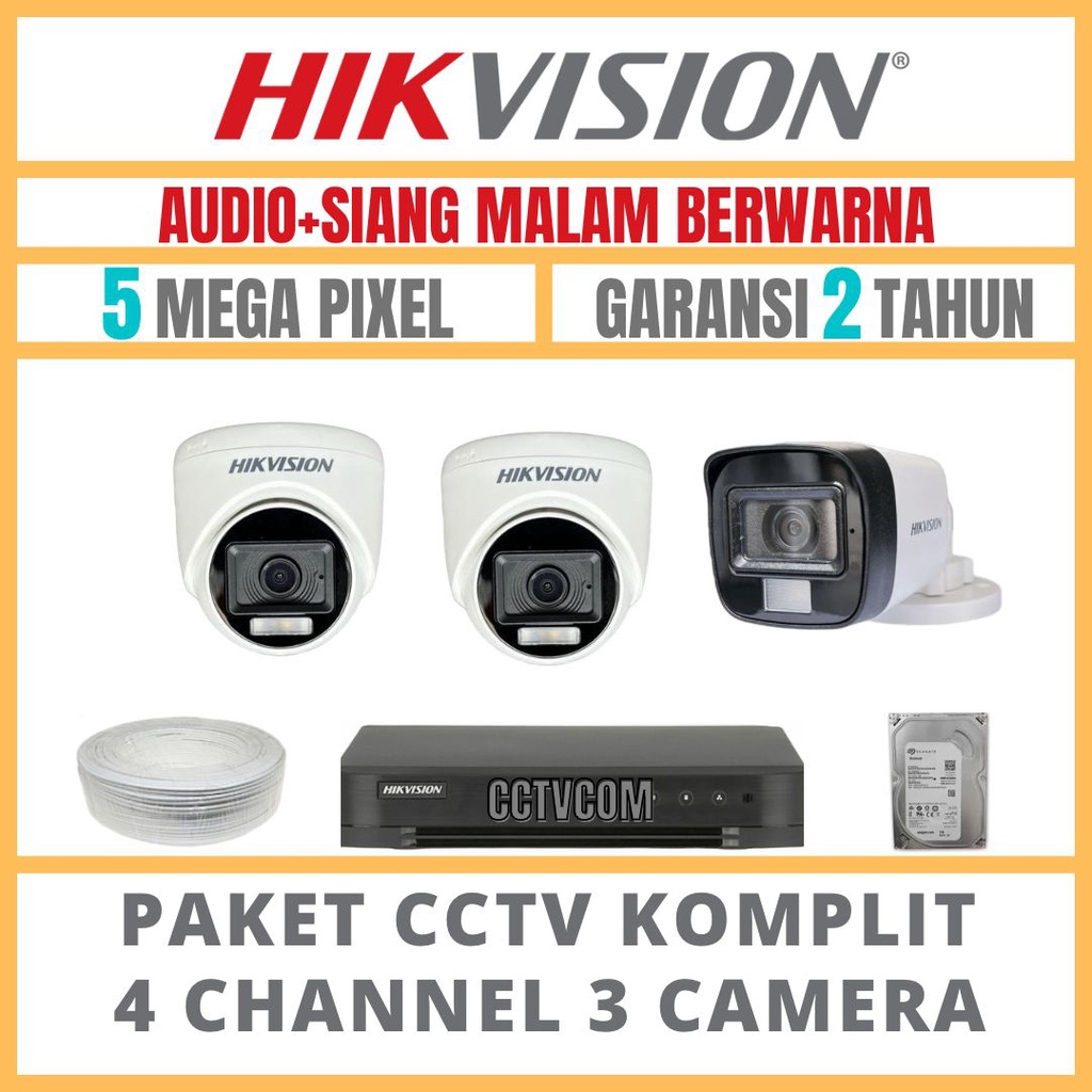 PAKET CCTV HIKVISION COLORVU 5MP 4 CHANNEL 3 CAMERA TURBO HD COLORFULL