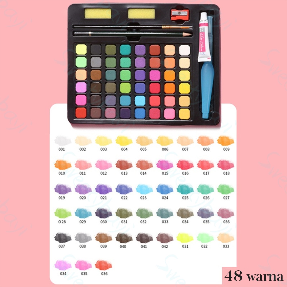 SweetyBayi 48Watercolor set  Alat cat air lukis set  Lengkap Kuas Lukis (Termasuk Kuas dan Kertas Gambaran)