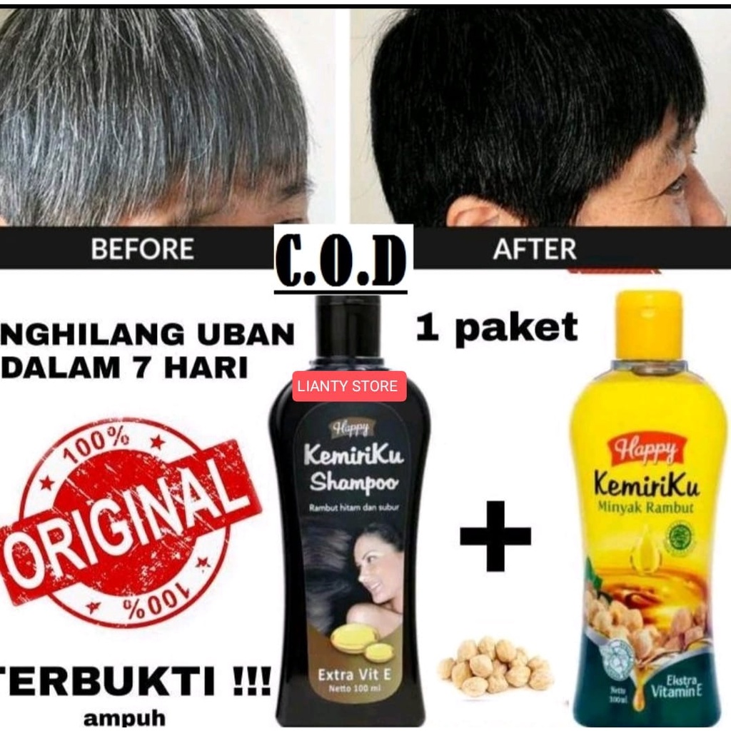 Paket Happy Kemiriku Shampoo &amp; Minyak Kemiri Perawatan rambut berUban / perawatan rambut rontok / penumbuh rambut kandungan asli extrak kemiri