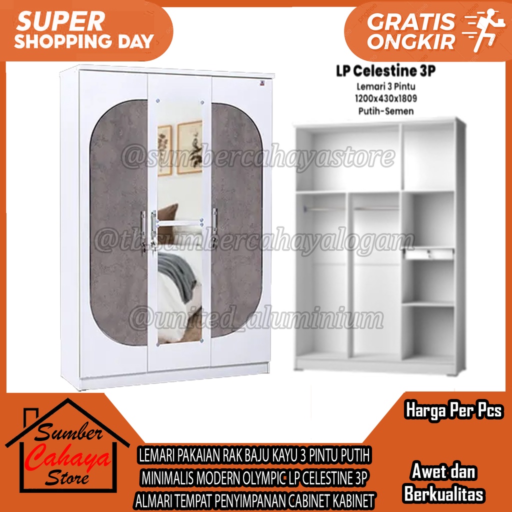 LEMARI PAKAIAN OLYMPIC LP CELESTINE 3P RAK BAJU KAYU 3 PINTU PUTIH SEMEN MINIMALIS MODERN ALMARI TEM
