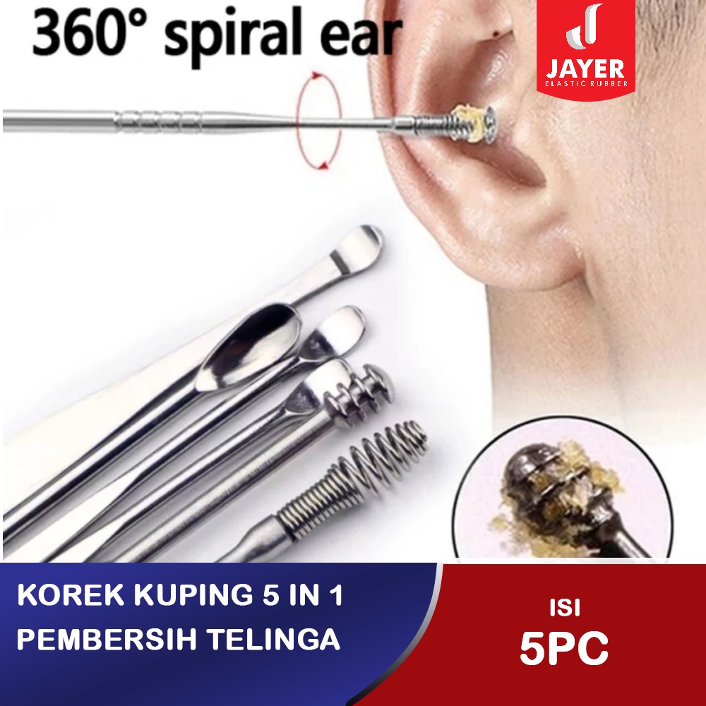 Pembersih Telinga KOREK KUPING Stainles 1 set 5 in 1 + Kotak