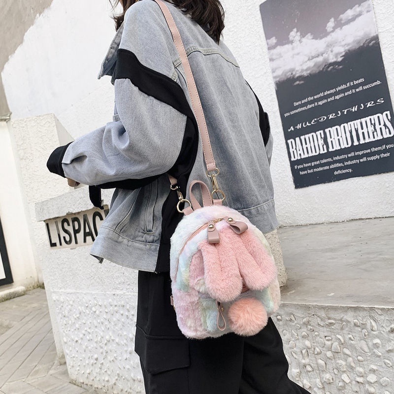 ✺☾❧Sera Tas Impor Wanita 2020 Baru Net Merah Telinga Kelinci Ransel Fashion Warna-warni Berbulu Ransel Lembut Lucu Kecil Tas Sekolah Pasang