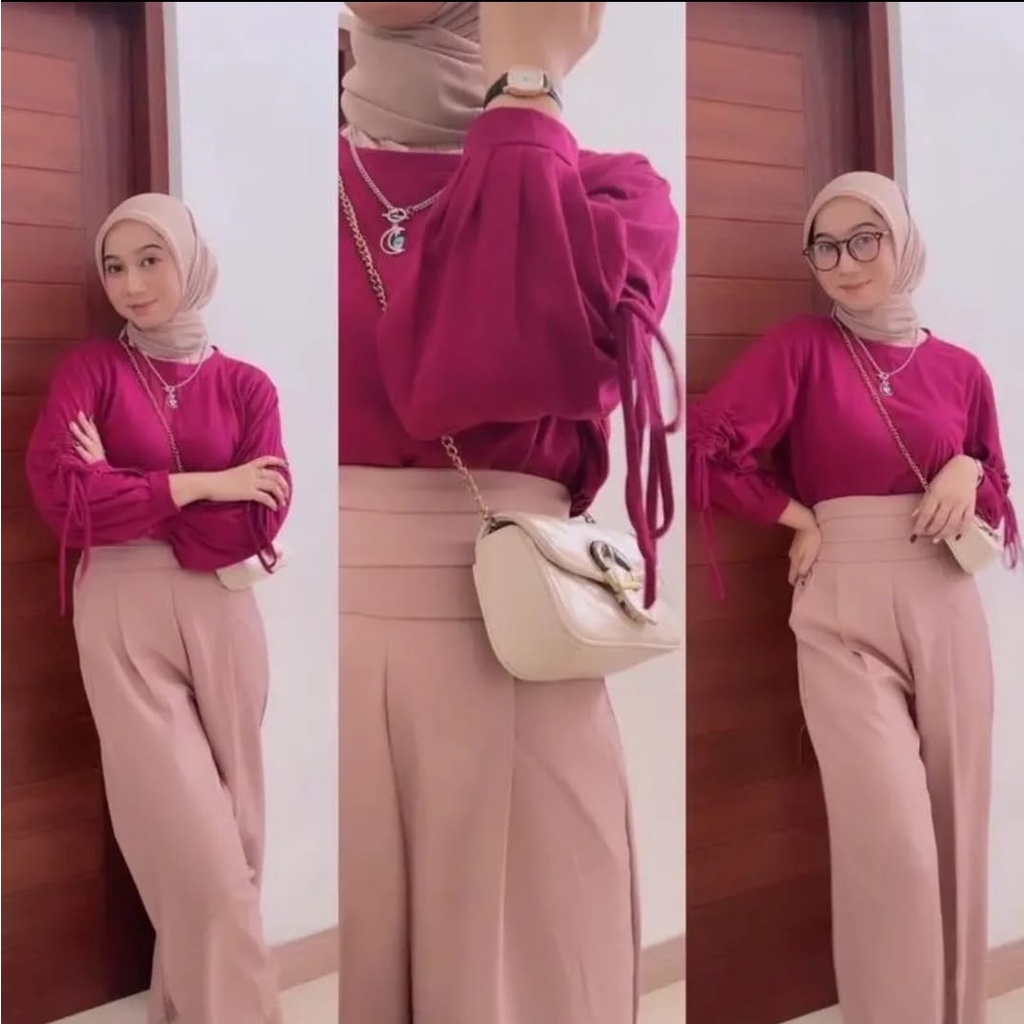 Ghema Puff Top kaos serut kekinian blouse serut wanita