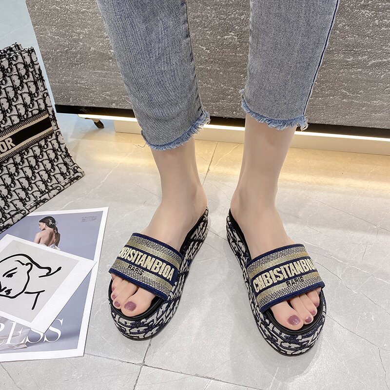 0392 syafniegalery Blue Embroidered Slide Thick Slipper wedges wanita import