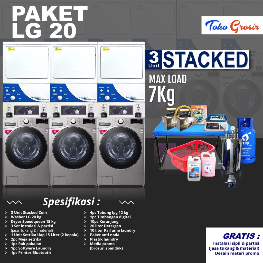 PAKET LAUNDRY COIN 3 STACKED WASHER LG 20KG - DRYER SPEEDQUEEN 15KG