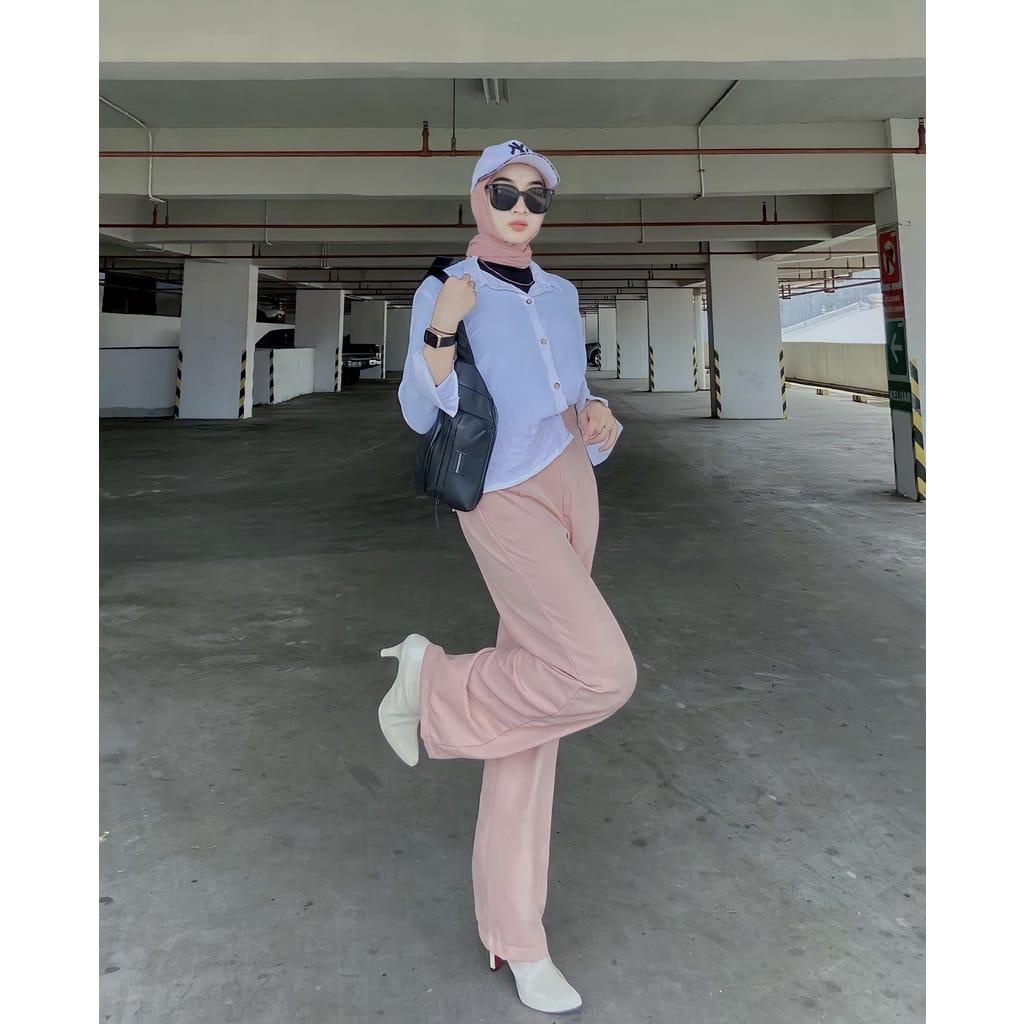 Celana Kulot Loose Highwaist Crinkle Kiara Pants | Celana Kerja Kasual Bahn Air Flow Crincle Wide Leg Pants