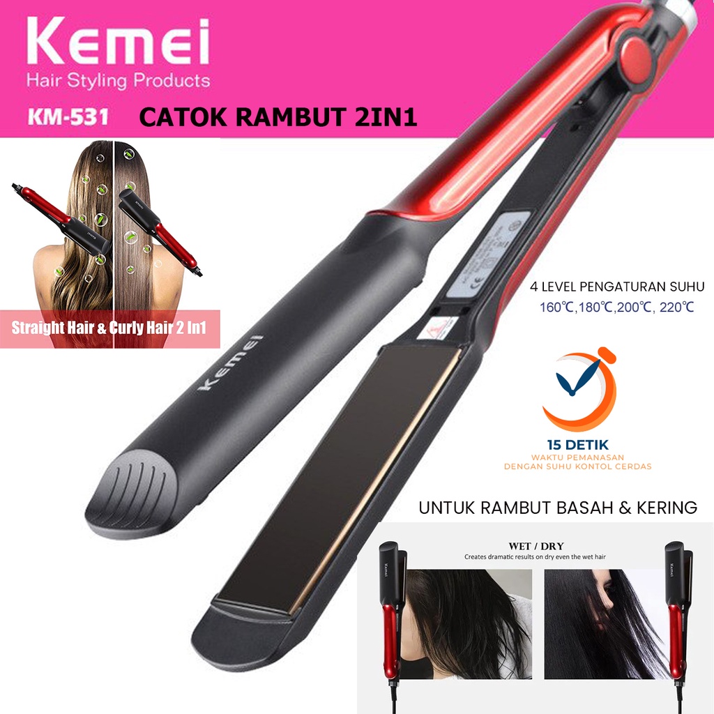 Alat Catok Kemei 531 Pelurus dan Keriting Rambut 2in1 Plat Ceramic Tourmaline