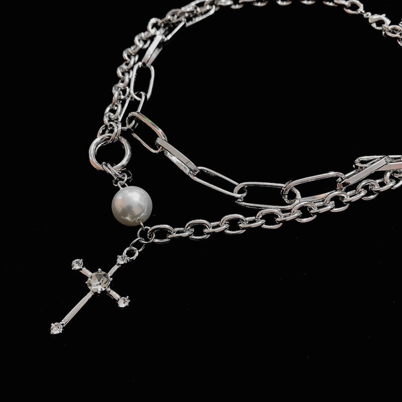 Kalung Rantai Bahan Metal Aksen Mutiara Berlian Imitasi Gaya Punk Untuk Pria Dan Wanita