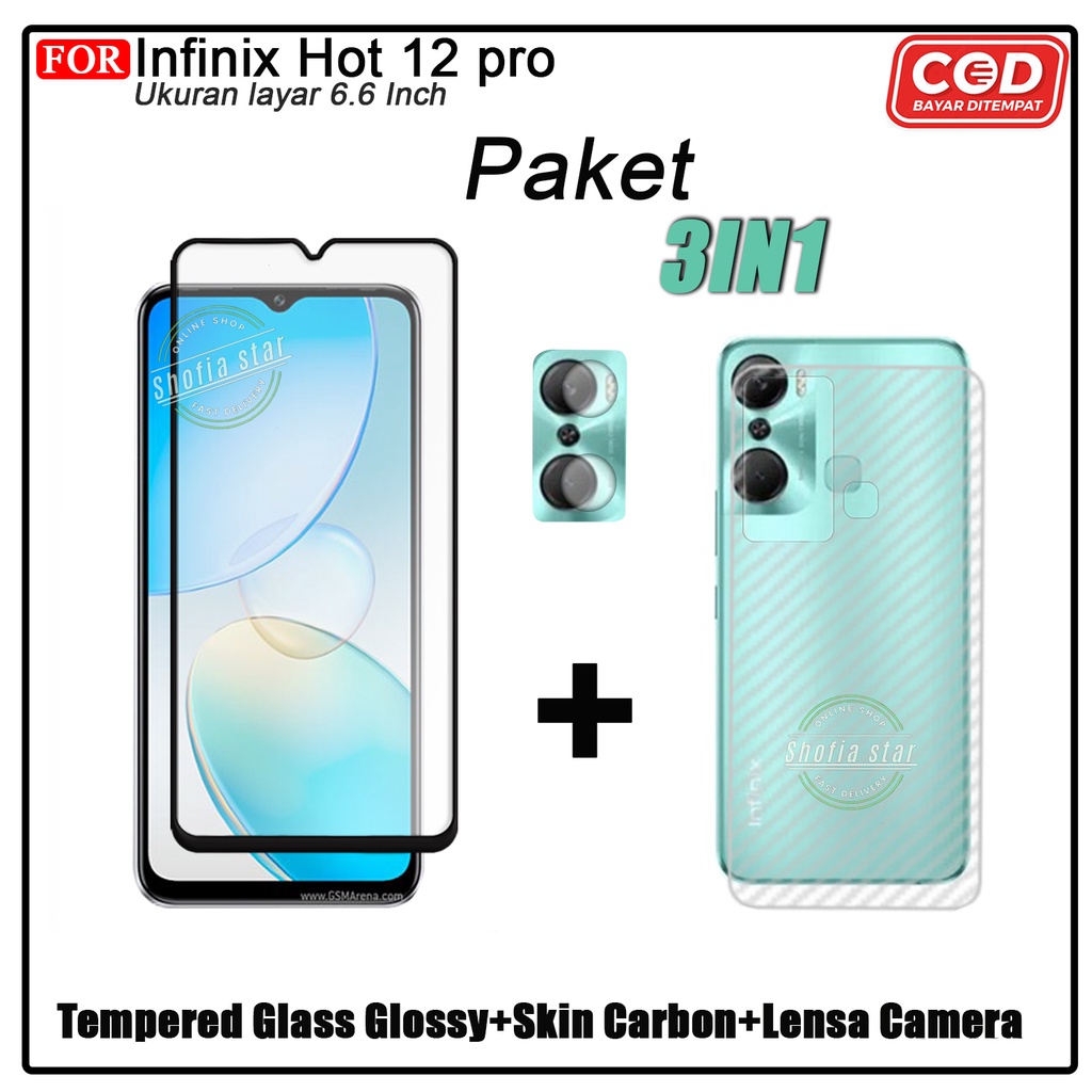 PAKET 3IN1 Tempered Glass Infinix Hot 12 Pro Anti Glare Full Layar Protect Camera