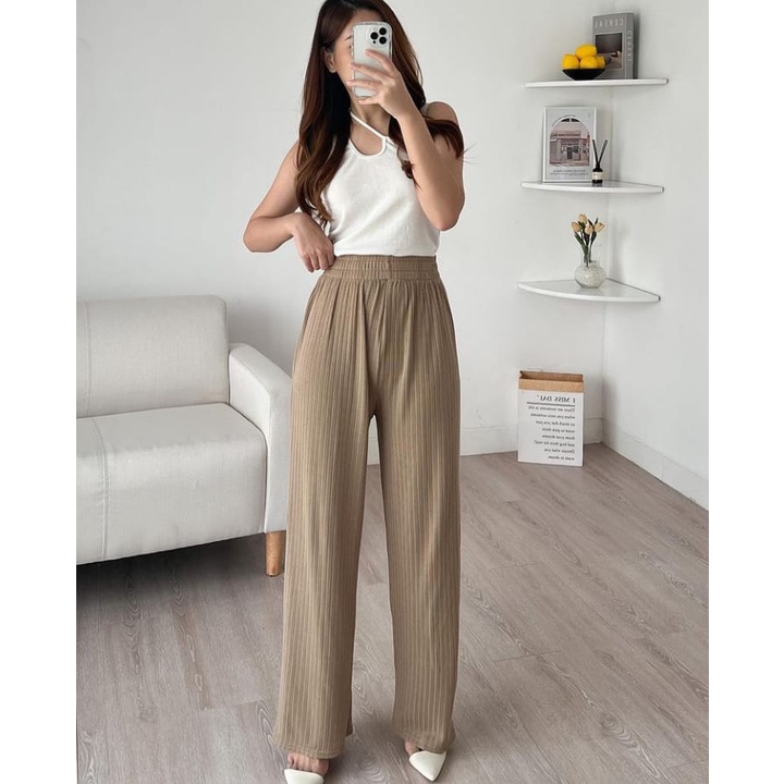 KIA KNIT PANTS HIGH WAIST PREMIUM KOREA - CULLOTES KNIT LONG PANTS - KOREAN LOOSE PANTS TROUSERS WANITA - LOUNGEWEAR - CELANA KULOT SALUR BESAR COMFY WANITA JUMBO XXL XXXL BERKUALITAS - CELANA CASUAL FULL KARET - HADIAH / KADO ULTAH CEWEK