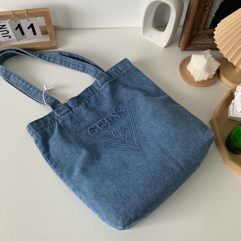 pocket bag tas bahan jeans tas foldable tas wanita kecil importtote bag korea tote bag kuliah ☋✸Sera Japanese GUESS original denim tote canvas bag simple and serbaguna sastra one-shoulder handheld trendi tas keren untuk pria dan wanita