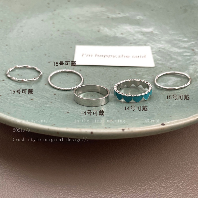5pcs / Set Cincin Jari Bentuk Hati Warna Biru Bahan Alloy Untuk Wanita