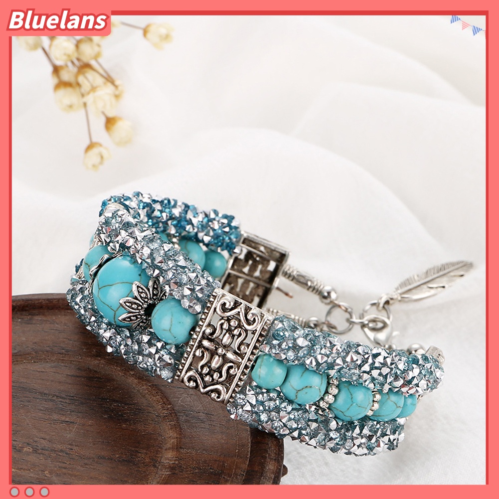 Bluelans Vintage Women Faux Turquoise Beads Rhinestone Carved Bracelet Bangle Jewelry