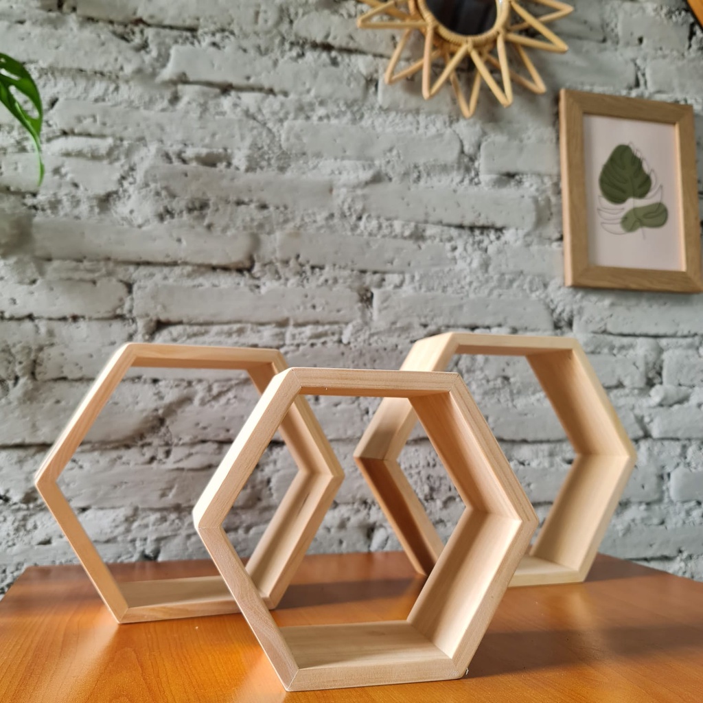 Hiasan Dinding Kayu I Rak Gantung Hexagonal I Rak Tempel Dinding Hexagonal