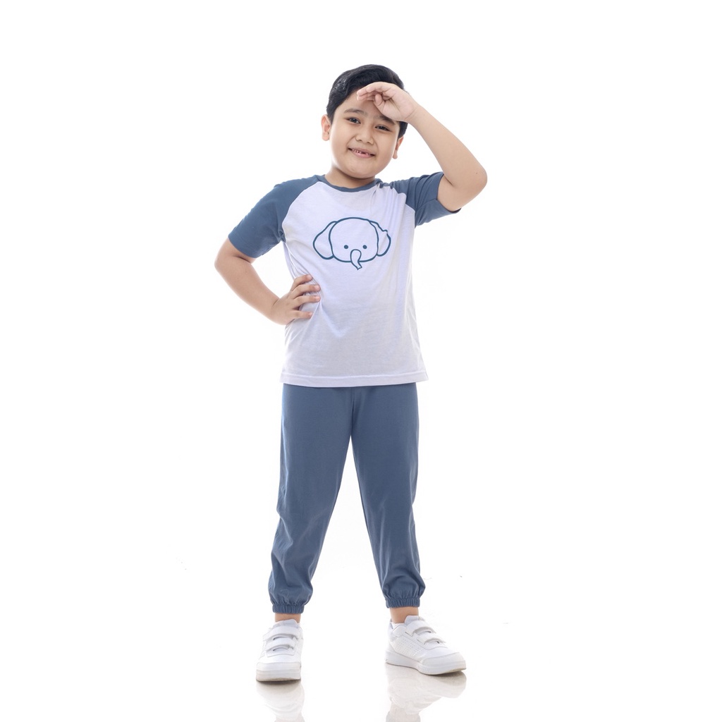 Setelan Kaos Playset Anak Setelan Joger Couple Baju Tidur Piyama Anak Raglan Unisex Celana Panjang Biru Elephant