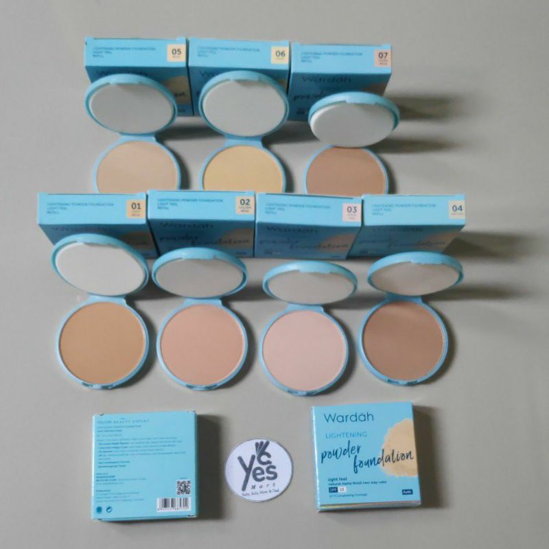 Wardah Lightening Powder Foundation Light Feel Original Bedak PADAT Tempat Kaca + Refil ORI 01 Light Beige 02 Golden 03 Sheer Pink 04 Natural 05 Beige 06 Ivory 07 Honey Beige Padat plus Puff two way cake spf 15