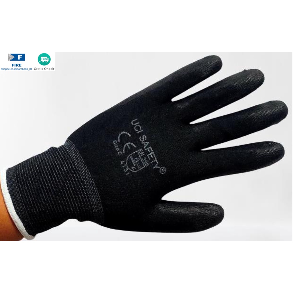 Sarung Tangan Pengaman kerja Packing PU Statis Multitask Karet Palm Fit Ukuran S,M, L, XL Proyek Satpam Anti Slip Hitam Black Hand Gloves Mekanik Montir Berkebun Tukang