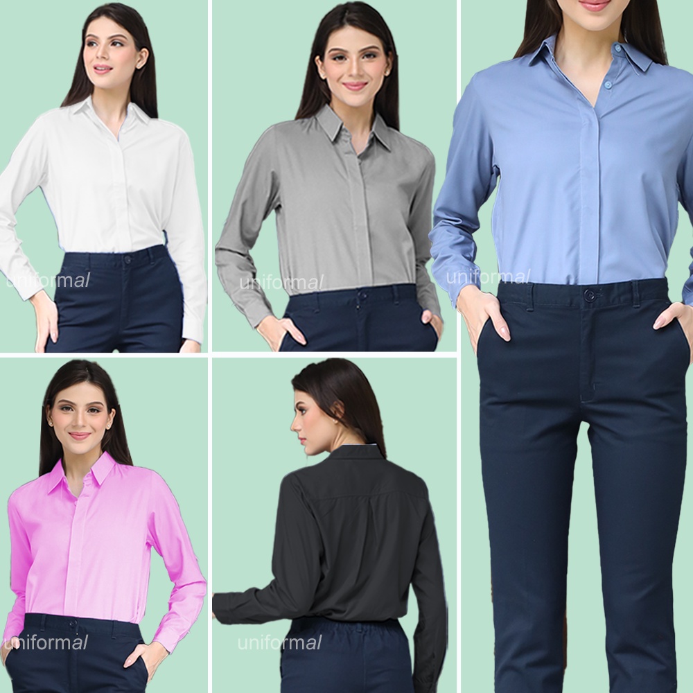 Kemeja Formal Wanita Lengan Panjang Kantor Kerja, Atasan BIG SIZE JUMBO OVERSIZE / Shirt Cewek / Hem Cewe Kantoran Ld 120 130 / polos Putih Hitam Navy Biru Muda Abu Muda Abu Tuca / termurah / Nikahan / Wisuda / Casual Cotton Katun Premium