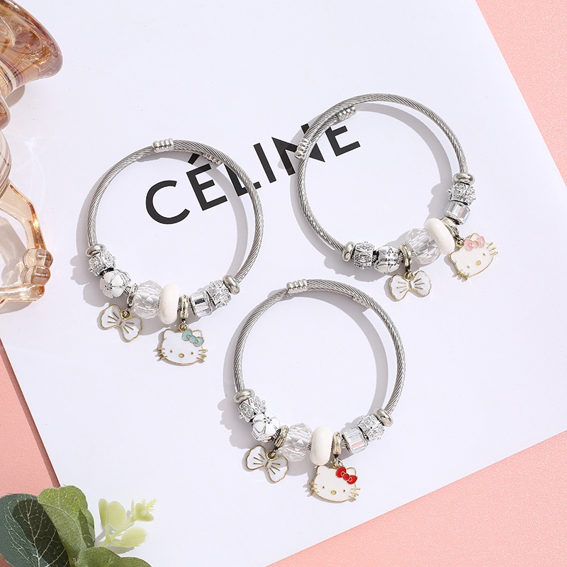 XiaoboACC Gelang Manik-Manik Kristal Bahan Stainless Steel Dengan Liontin Kartun Kucing Untuk Wanita