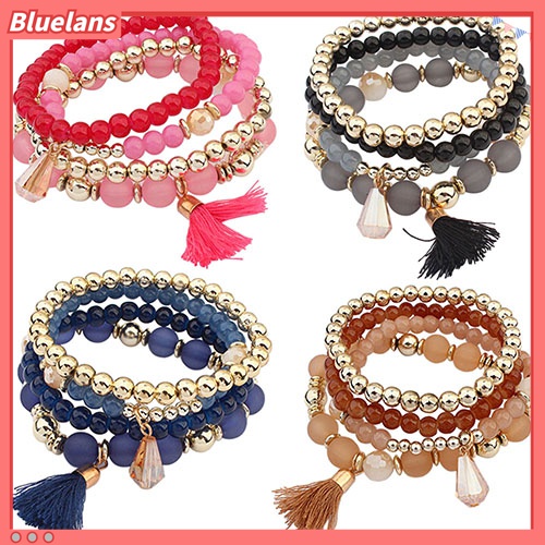 4pcs / Set Gelang Manik-Manik Resin Multilayer Aksen Rumbai Gaya Etnik Untuk Wanita