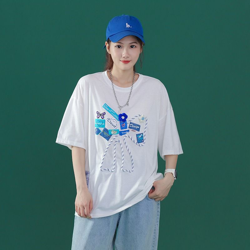[littlecrab] Kaos Oversize Outline Pita Biru Putih Design Awan Bunga Kupu-Kupu Bordir T-shirt Couple Unisex Lembut Berkualitas Motif Cloud Flower Blue White Unik Korean Style