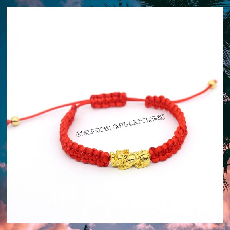 Gelang Tali Merah Charm Cuping Naga Lapis Emas 18K