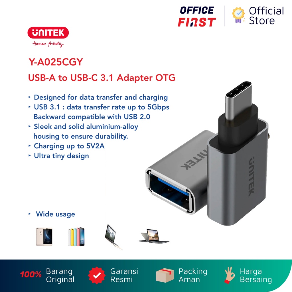 Unitek Y-A025CGY USB A to USB Type C 3.1 Adapter OTG On The Go A025CGY