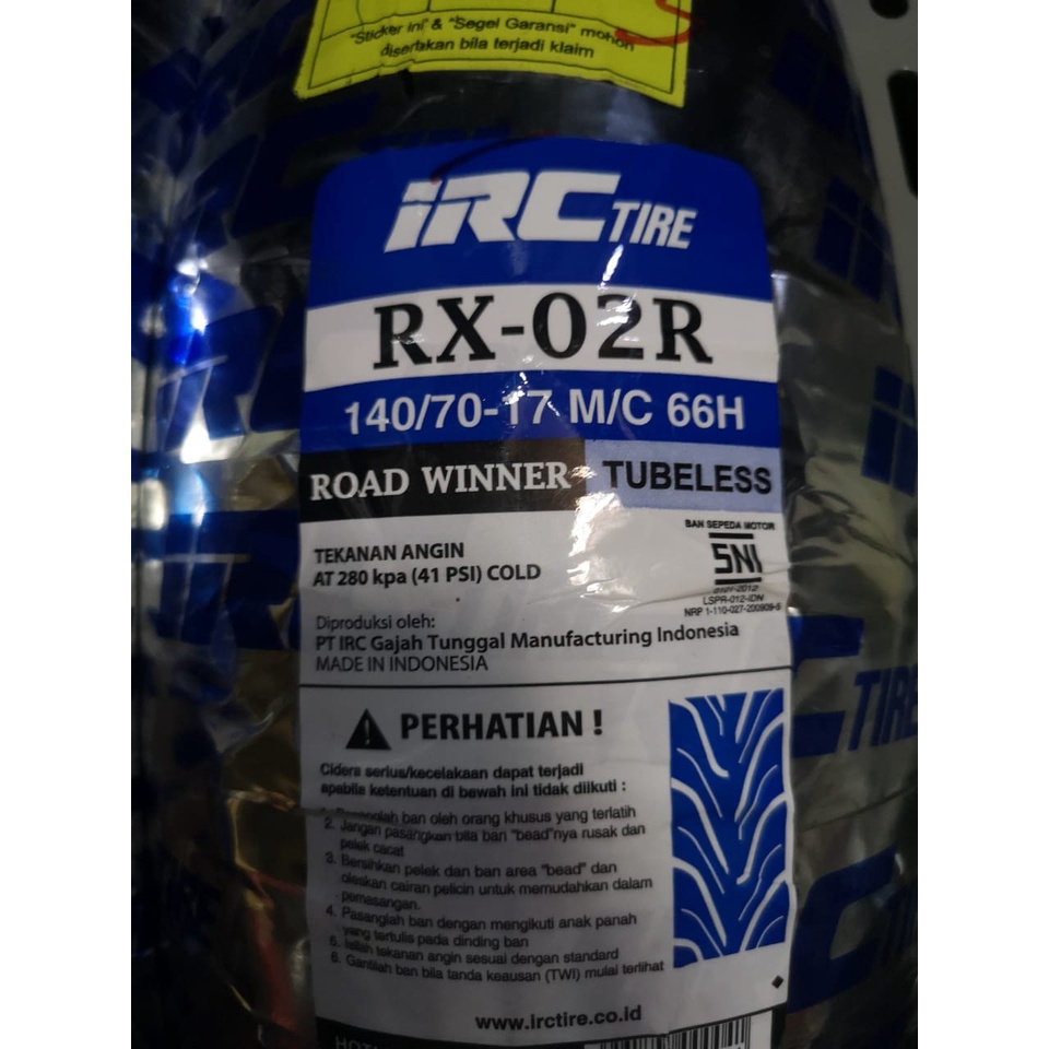 Ban Luar Motor Merk IRC Ring 17 Ukuran 140/70-17 RX-02 R Tubeless